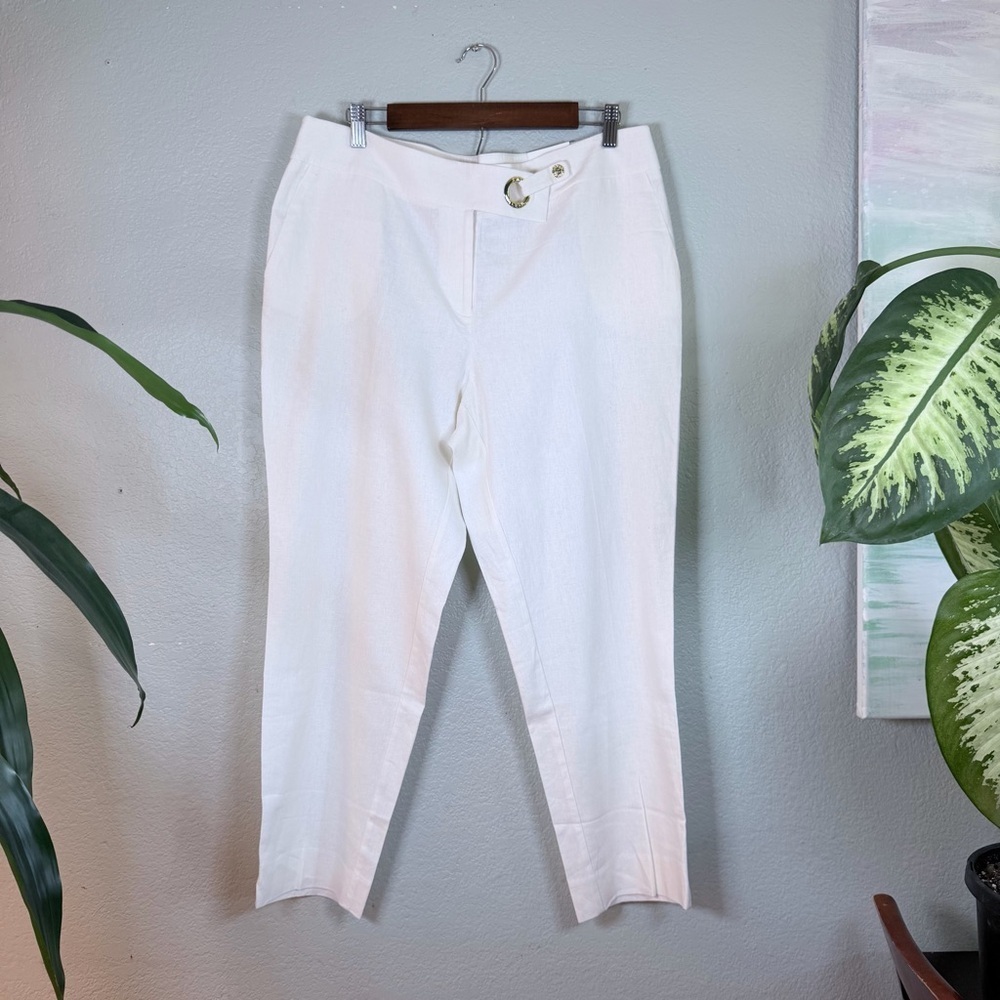 Anne Klein Linen Viscose White Slim Ankle Gold Loop Waist Boho Tailored Pant 10